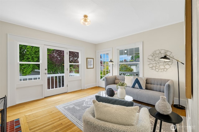 living area featuring baseboards, a healthy amount of sunlight, and wood finished floors
