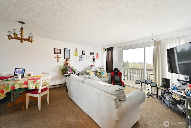 8100 Delridge Way SW Unit 1-3, Seattle, WA 98106 - carpeted living area with a textured ceiling, a notable chandelier, and a baseboard radiator