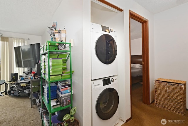 8100 Delridge Way SW Unit 1-3, Seattle, WA 98106 - laundry room featuring laundry area, a textured ceiling, carpet, and stacked washer / drying machine