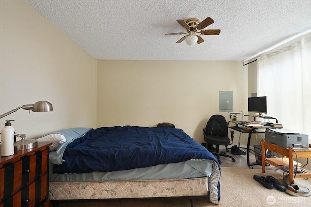 8100 Delridge Way SW Unit 1-3, Seattle, WA 98106 - bedroom with carpet flooring, a textured ceiling, ceiling fan, and electric panel