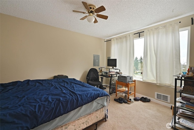 8100 Delridge Way SW Unit 1-3, Seattle, WA 98106 - carpeted bedroom with visible vents, baseboards, a textured ceiling, electric panel, and a ceiling fan