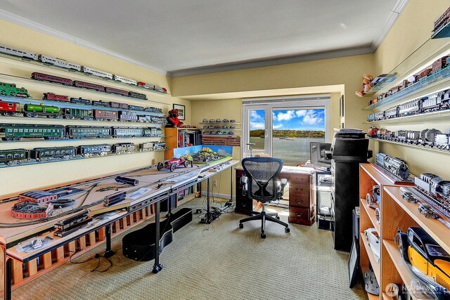 carpeted office with crown molding