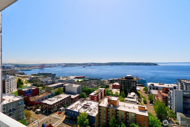 birds eye view of property with a water view and a city view