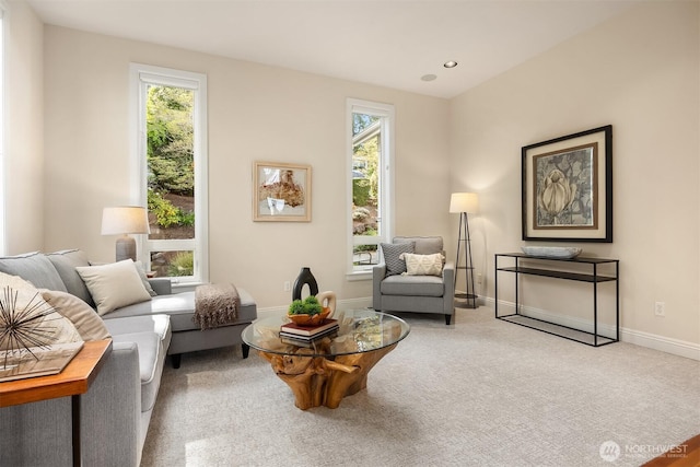 living area with baseboards and carpet flooring