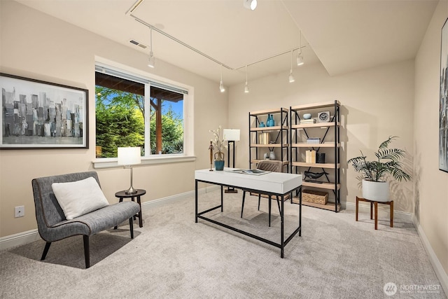 carpeted office space with visible vents, attic access, baseboards, and track lighting