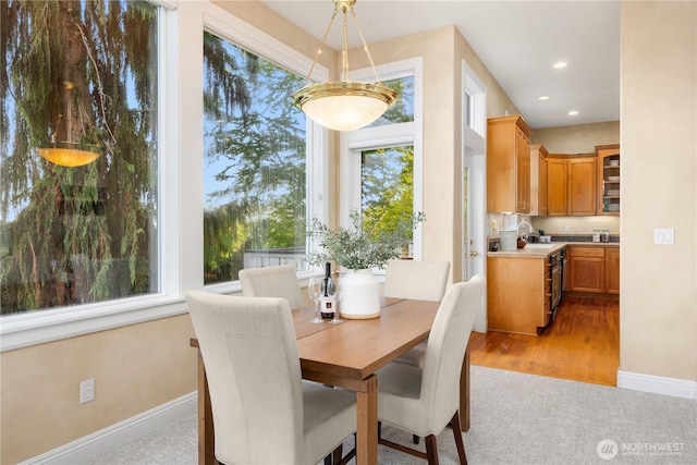 carpeted dining space with baseboards, a sink, and a healthy amount of sunlight