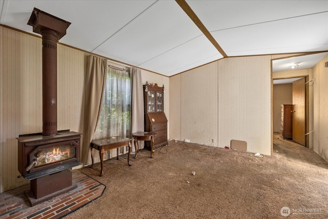 44222 179th Pl SE, Gold Bar, WA 98251 - living room with a wood stove, lofted ceiling, and carpet floors