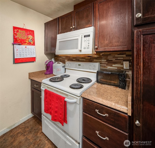 kitchen featuring decorative backsplash, dark brown cabinets, a toaster, baseboards, and white appliances