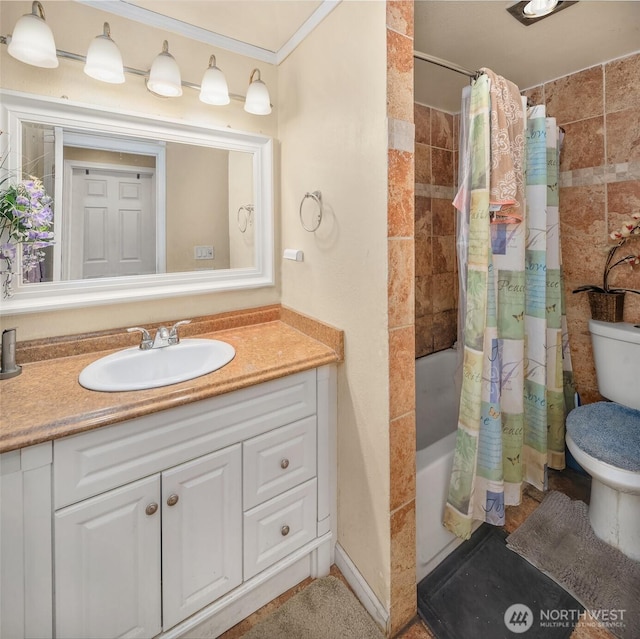 bathroom featuring vanity, toilet, and shower / tub combo
