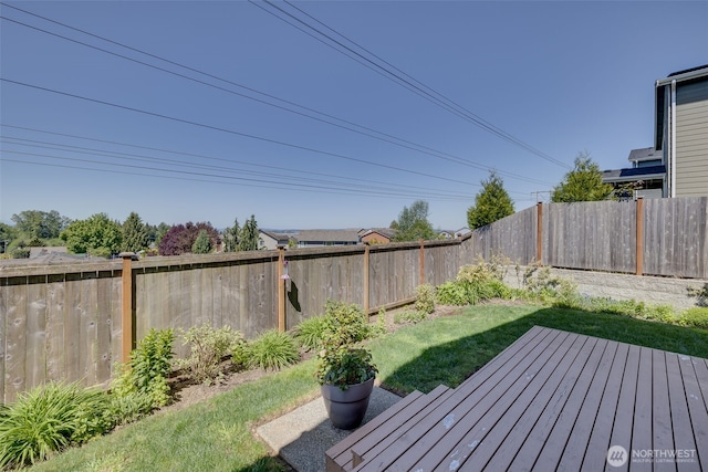 wooden deck with a fenced backyard and a lawn