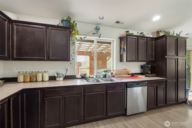 29304 39th Ave E, Graham, WA 98338 - kitchen featuring dark brown cabinetry, visible vents, stainless steel dishwasher, a sink, and light wood-style floors
