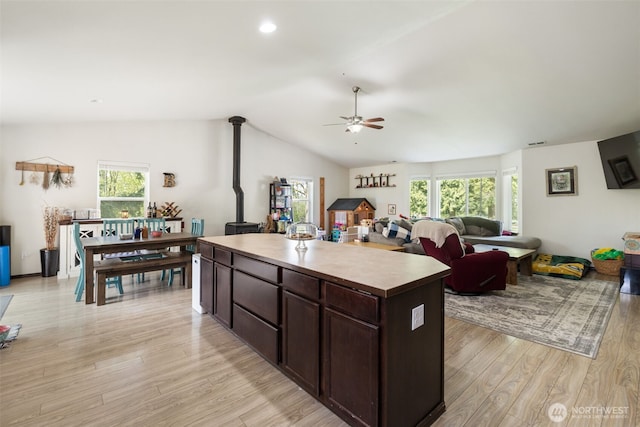 29304 39th Ave E, Graham, WA 98338 - kitchen featuring dark brown cabinetry, a ceiling fan, vaulted ceiling, a wood stove, and light wood finished floors