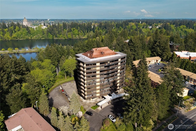 aerial view featuring a view of trees and a water view