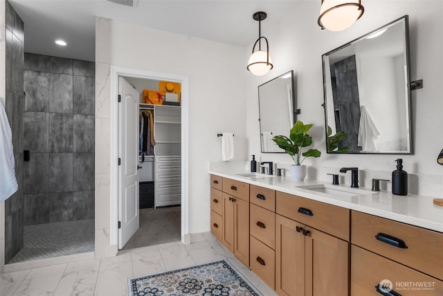 1614 W 51st Ave, Kennewick, WA 99337 - bathroom with double vanity, walk in shower, a sink, and marble finish floor