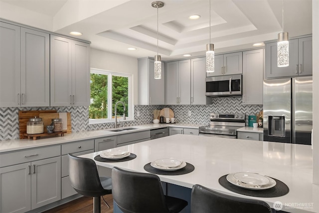 kitchen featuring gray cabinets, appliances with stainless steel finishes, and a sink