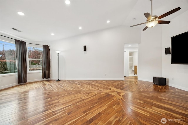 18 SE 18th St, Battle Ground, WA 98604 - unfurnished living room featuring light wood-style floors, ceiling fan, baseboards, recessed lighting, and vaulted ceiling