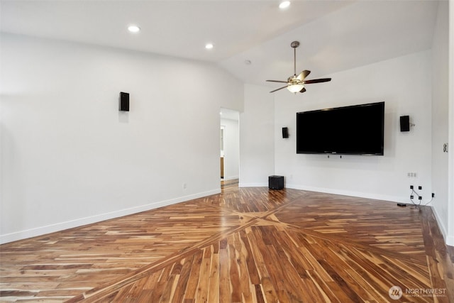 18 SE 18th St, Battle Ground, WA 98604 - unfurnished living room with a ceiling fan, lofted ceiling, and baseboards