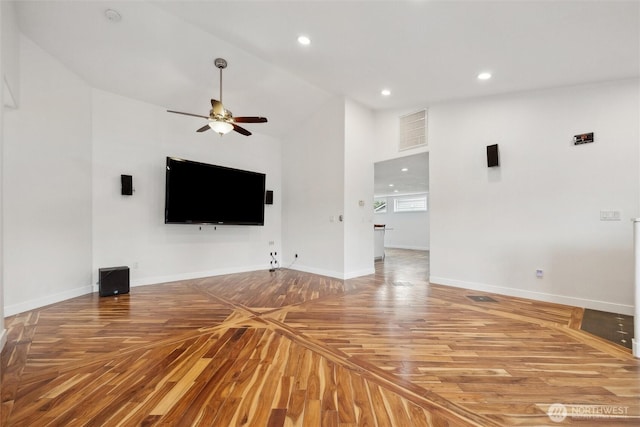 18 SE 18th St, Battle Ground, WA 98604 - unfurnished living room featuring a ceiling fan, baseboards, parquet floors, high vaulted ceiling, and recessed lighting