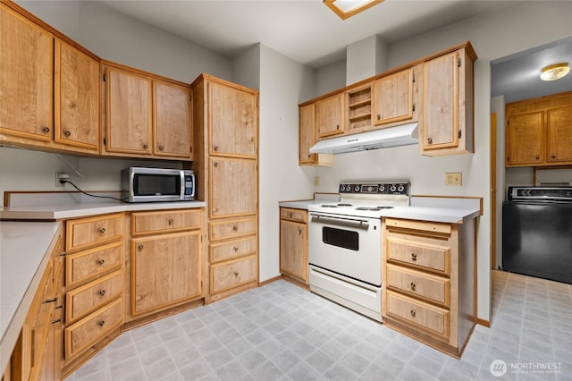 kitchen featuring baseboards, light countertops, stainless steel microwave, under cabinet range hood, and electric stove