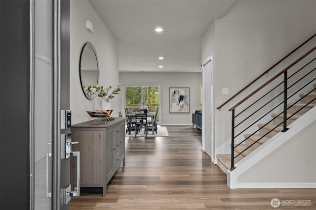 33455 Holly Ave SE, Black Diamond, WA 98010 - entrance foyer with recessed lighting, baseboards, wood finished floors, and stairway