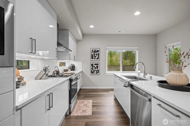 33455 Holly Ave SE, Black Diamond, WA 98010 - kitchen featuring modern cabinets, wall chimney range hood, white cabinets, a sink, and appliances with stainless steel finishes
