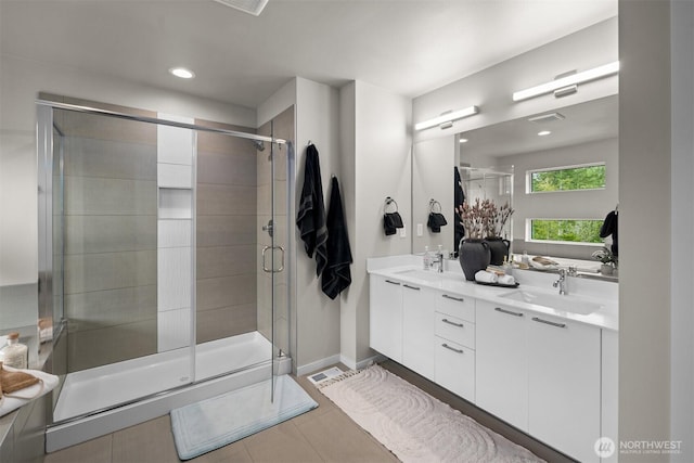 33455 Holly Ave SE, Black Diamond, WA 98010 - full bath featuring double vanity, tile patterned floors, a shower stall, and a sink