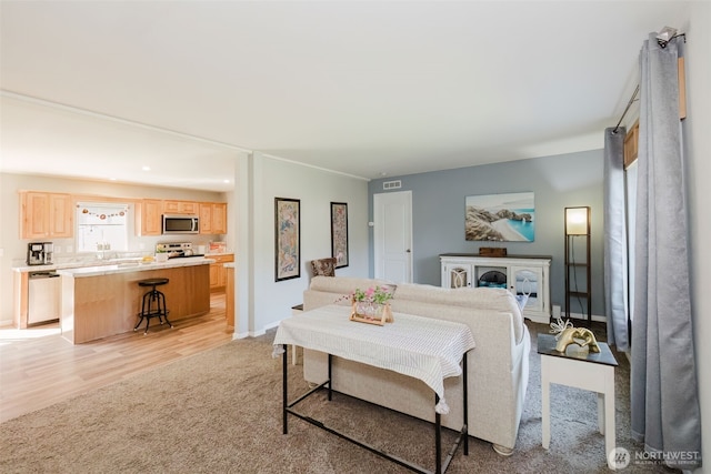 living room with baseboards, visible vents, light carpet, and light wood finished floors