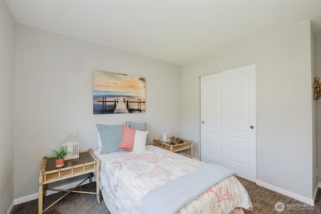 bedroom featuring baseboards, carpet, and a closet