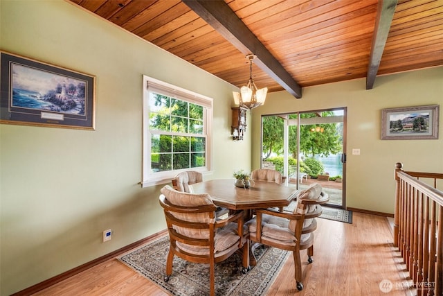 dining room with an inviting chandelier, beamed ceiling, baseboards, wood ceiling, and light wood finished floors