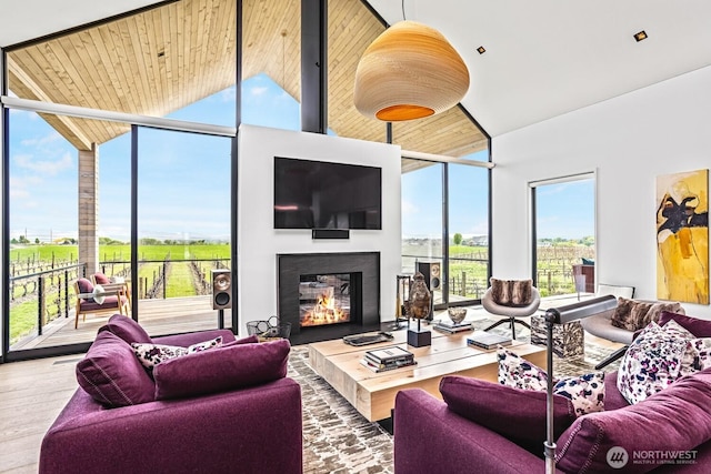1721 J B George Rd, Walla Walla, WA 99362 - living room with expansive windows, a glass covered fireplace, high vaulted ceiling, wood finished floors, and wood ceiling
