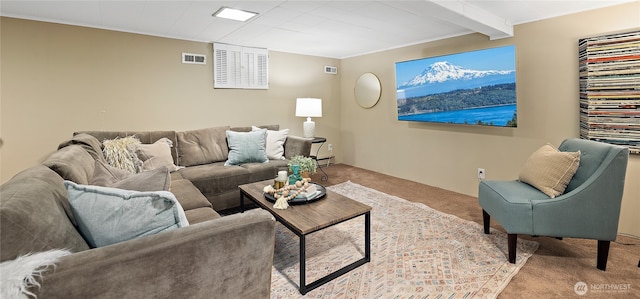 carpeted living area with beam ceiling and visible vents