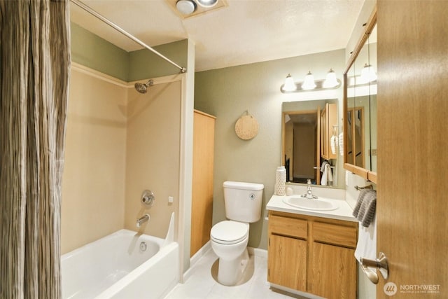 full bathroom featuring vanity,  shower combination, tile patterned floors, and toilet