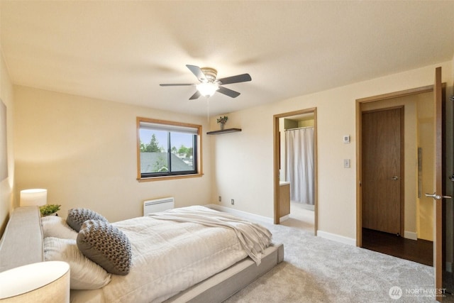 bedroom featuring baseboards, ceiling fan, and carpet