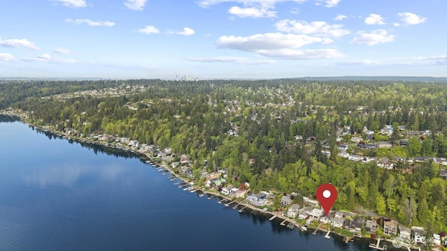 drone / aerial view with a water view and a forest view
