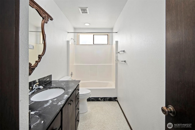full bathroom with toilet, visible vents, bathing tub / shower combination, and vanity