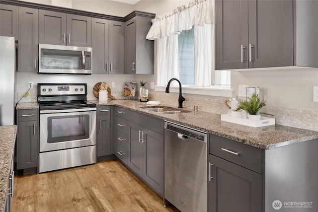 kitchen with light stone counters, a sink, appliances with stainless steel finishes, and gray cabinetry