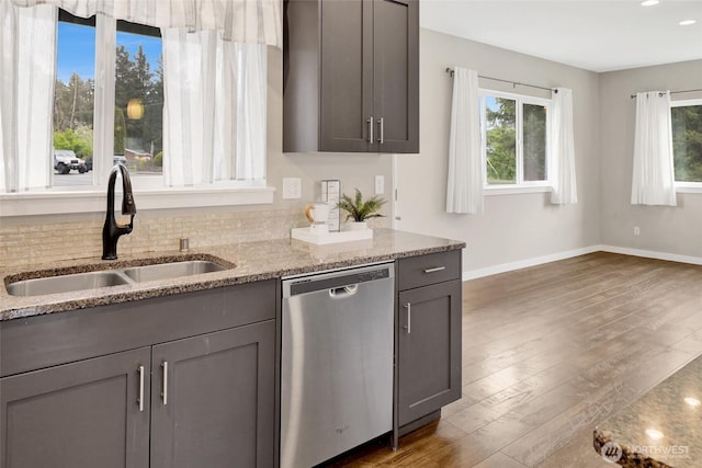 kitchen featuring baseboards, plenty of natural light, a sink, and dishwasher
