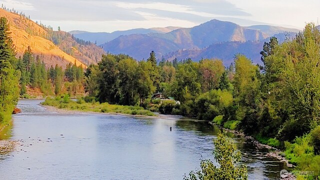 property view of water with a mountain view and a wooded view