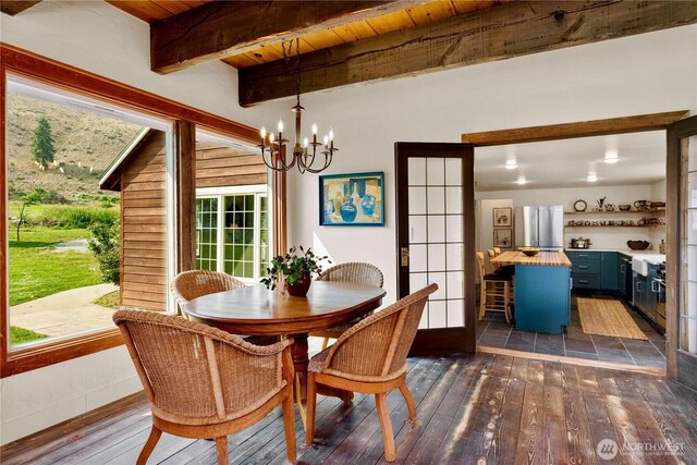 dining area with beamed ceiling, dark wood finished floors, wood ceiling, and an inviting chandelier