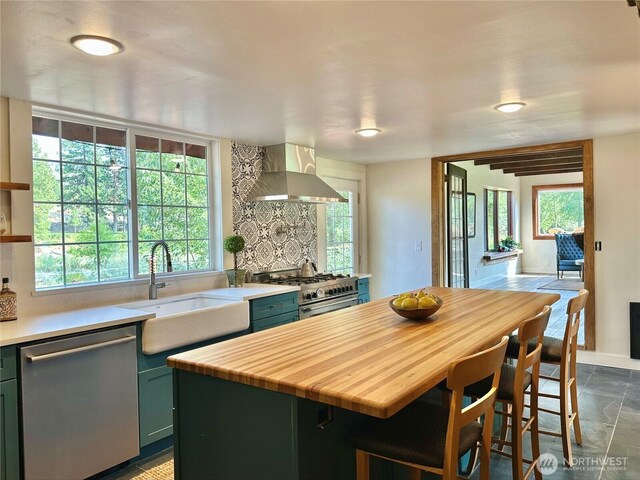 kitchen with wall chimney range hood, stainless steel appliances, green cabinetry, and a sink