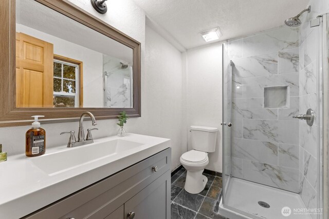 bathroom with vanity, a stall shower, toilet, and a textured ceiling