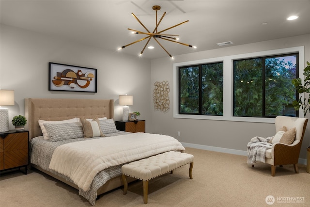 carpeted bedroom featuring baseboards, visible vents, a chandelier, and recessed lighting