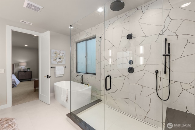 bathroom with a soaking tub, connected bathroom, visible vents, and a marble finish shower