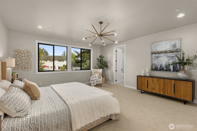 bedroom featuring light carpet, visible vents, baseboards, a chandelier, and recessed lighting