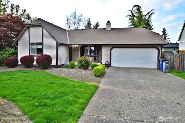 single story home with driveway, a chimney, roof with shingles, a garage, and fence