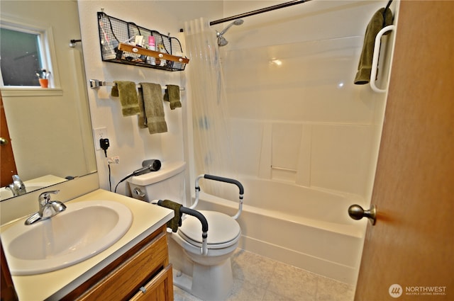 full bathroom with vanity, shower / tub combo, tile patterned flooring, and toilet
