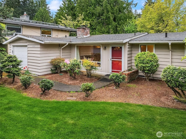 10210 NE 23rd St, Bellevue, WA 98004 - view of front of home featuring a shingled roof, a front yard, and a chimney