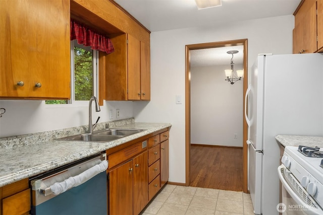 10210 NE 23rd St, Bellevue, WA 98004 - kitchen featuring a sink, white appliances, light countertops, brown cabinetry, and light tile patterned floors