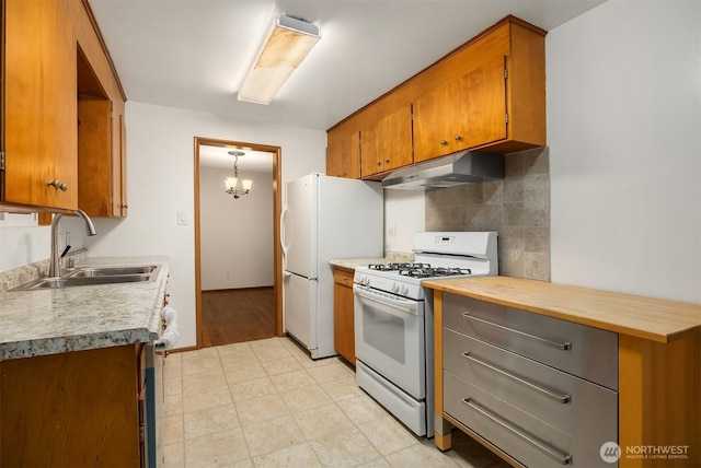 10210 NE 23rd St, Bellevue, WA 98004 - kitchen with brown cabinets, a sink, white appliances, decorative backsplash, and under cabinet range hood