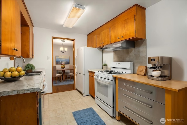 10210 NE 23rd St, Bellevue, WA 98004 - kitchen featuring decorative backsplash, brown cabinets, a sink, under cabinet range hood, and white appliances
